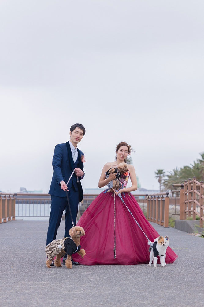 静岡フォトウエディングのフィーノスタイルで撮影したペットと一緒に撮影した新郎新婦